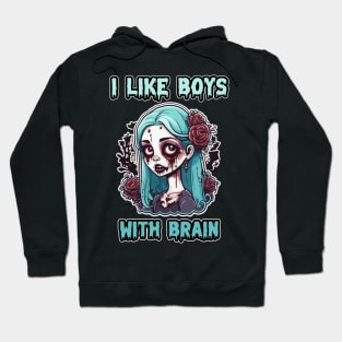 I Like Boys With Brain, Zombie Halloween Cute Pasel Blue Pink Retro Colorful Scary Hoodie